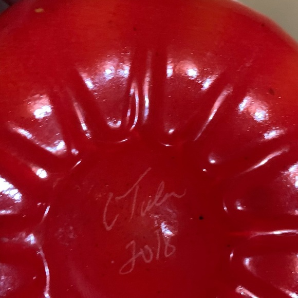 Signed Hand Blown Glass Pumpkin 2018 Opaque Orange Teal Stem Fall - Picture 3 of 8